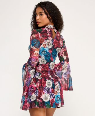 Juniors' Long Sleeve Printed Mesh Drop Waist Dress