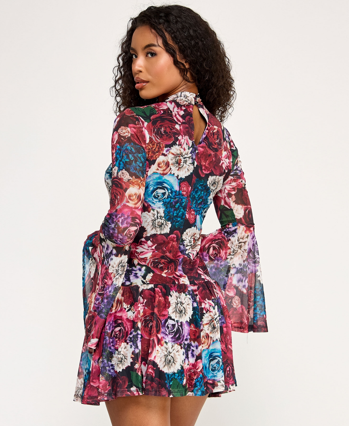 Seni & Cade Juniors' Long Sleeve Printed Mesh Drop Waist Dress In Pink