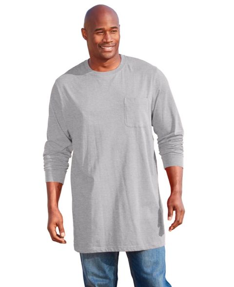 Мужская футболка KingSize Big & Tall Shrink-Less Lightweight Longer-Length Long-Sleeve Crewneck Pocket, цвет: Меланжевый серый