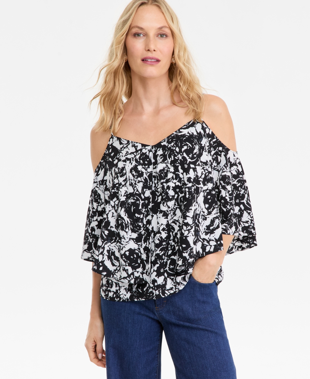 I.n.c. International Concepts Women's Printed Cold-Shoulder Short-Sleeve Ruffled Top, Macy's Exclusive