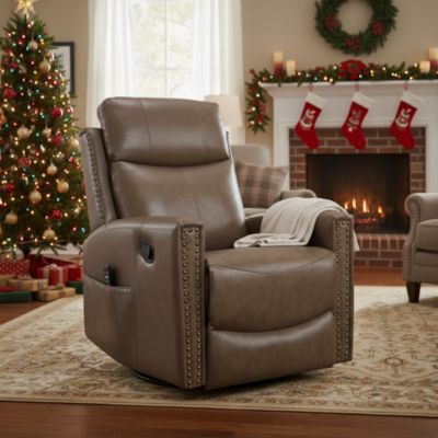 Genuine Leather Heat Massage Manual Recliner Chair with Rocker and Swivel