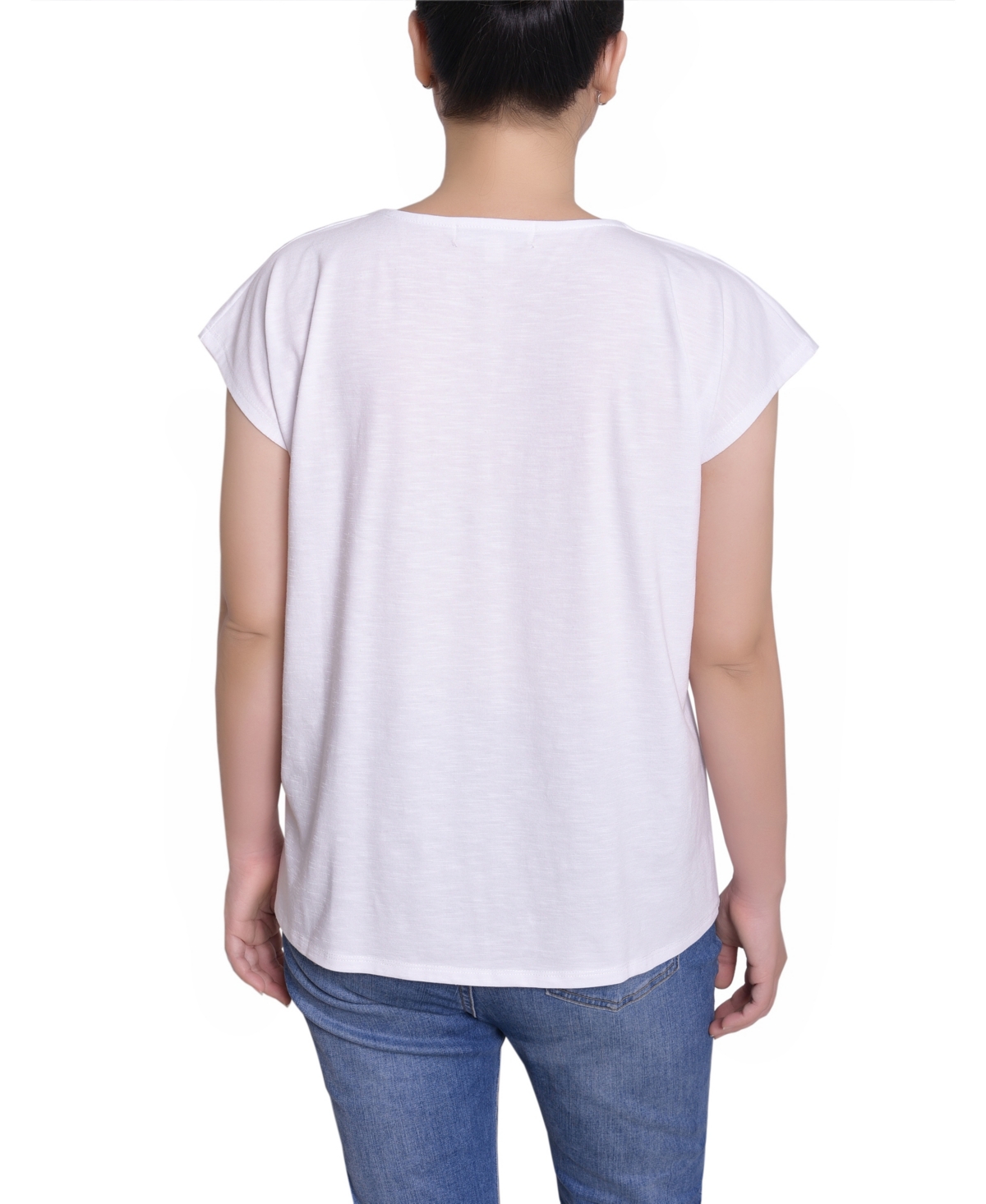 Ny Collection Petite Embroidered Yoke Extended Sleeve Top In White