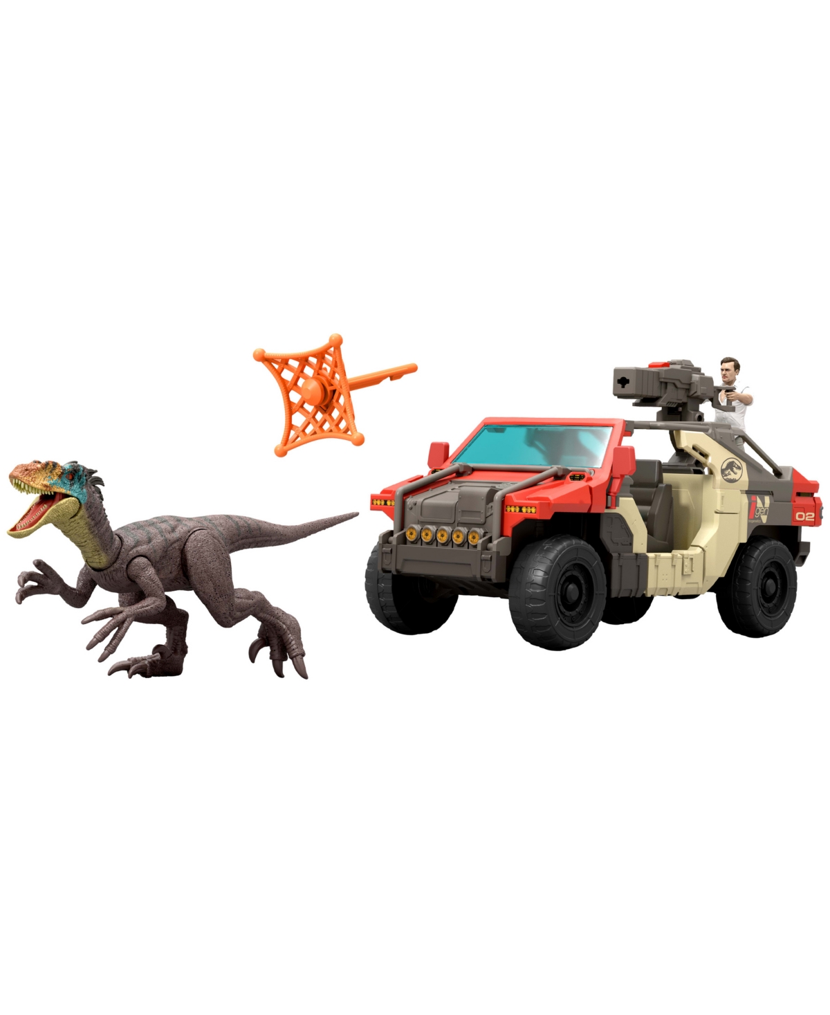 Jurassic World Rebirth Launch 'N Battle Vehicle with 1 Human and 1 Raptor Figure