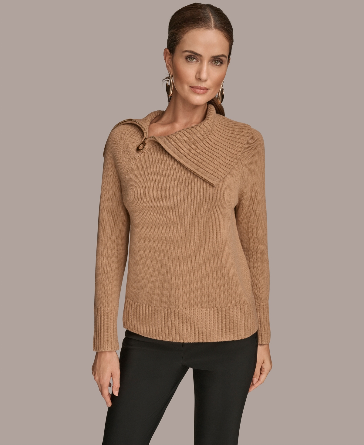 Donna Karan New York Asymmetric Zip Collar Sweater In Brown