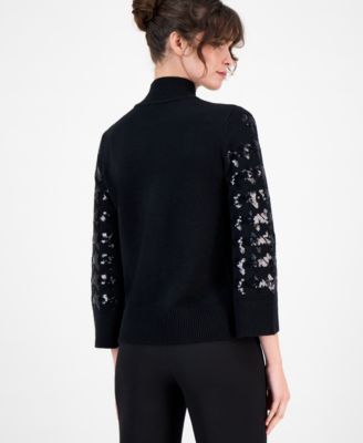 Petite Sequin Houndstooth Mock-Neck Sweater 