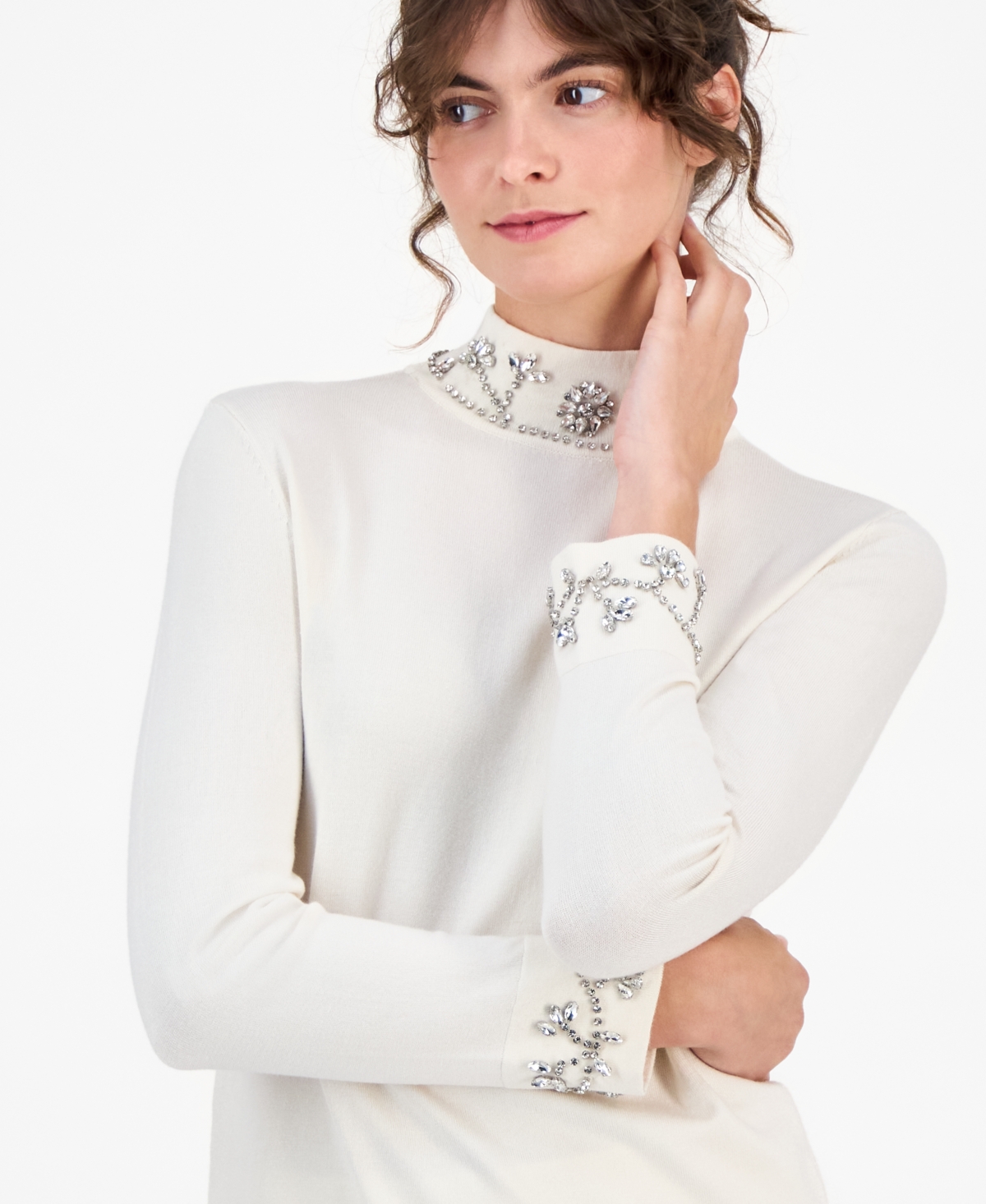 Anne Klein Petite Embellished Mock-neck Sweater In White