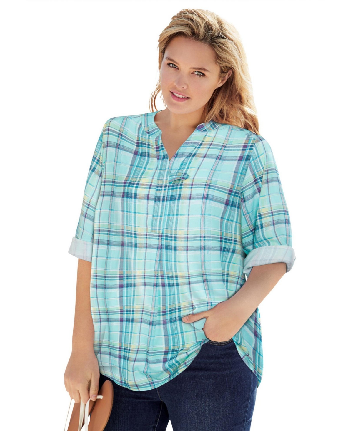 Woman Within Women's Plus Rayon 7-Day Three-Quarter Sleeve Tab-Front Tunic Top