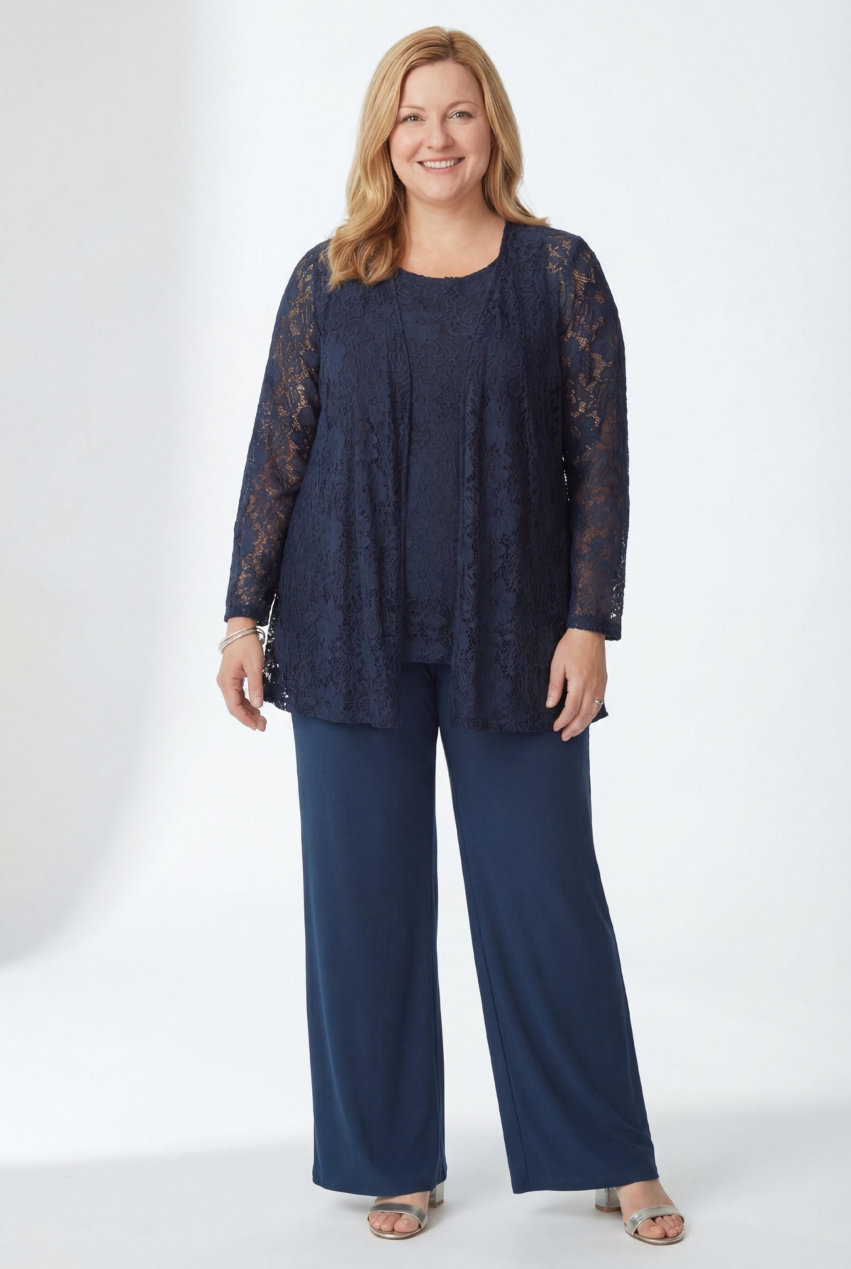 Woman Within Women's Plus Size 3-Piece Lace Jacket/Tank/Pant Set - Navy