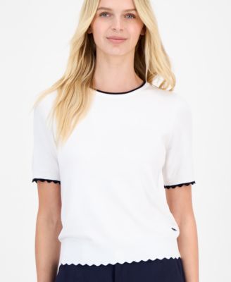 Women's Scallop-Trim Short Sleeve Crewneck Sweater