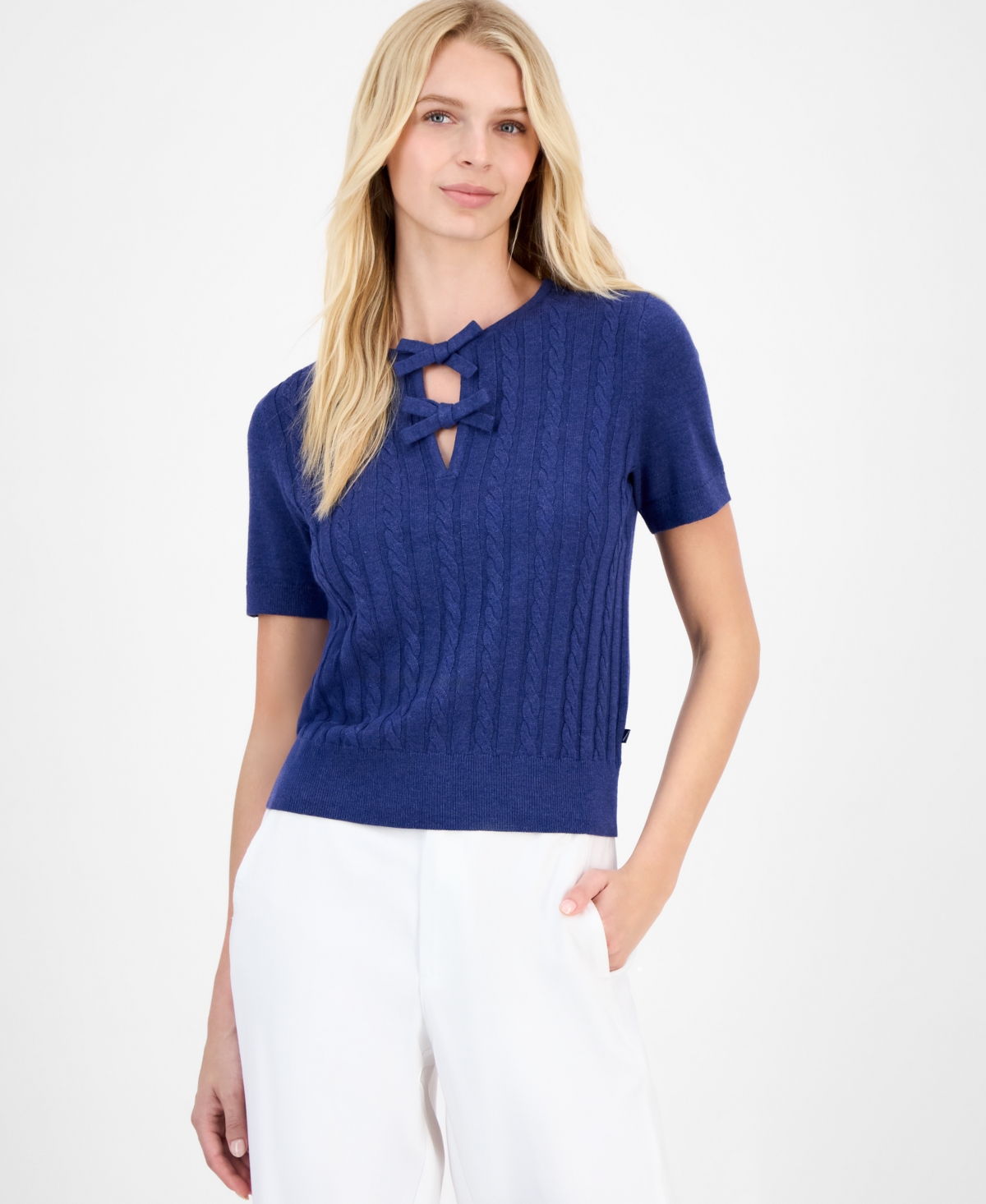 Nautica Jeans Women's Bow Cable-Knit Short-Sleeve Sweater