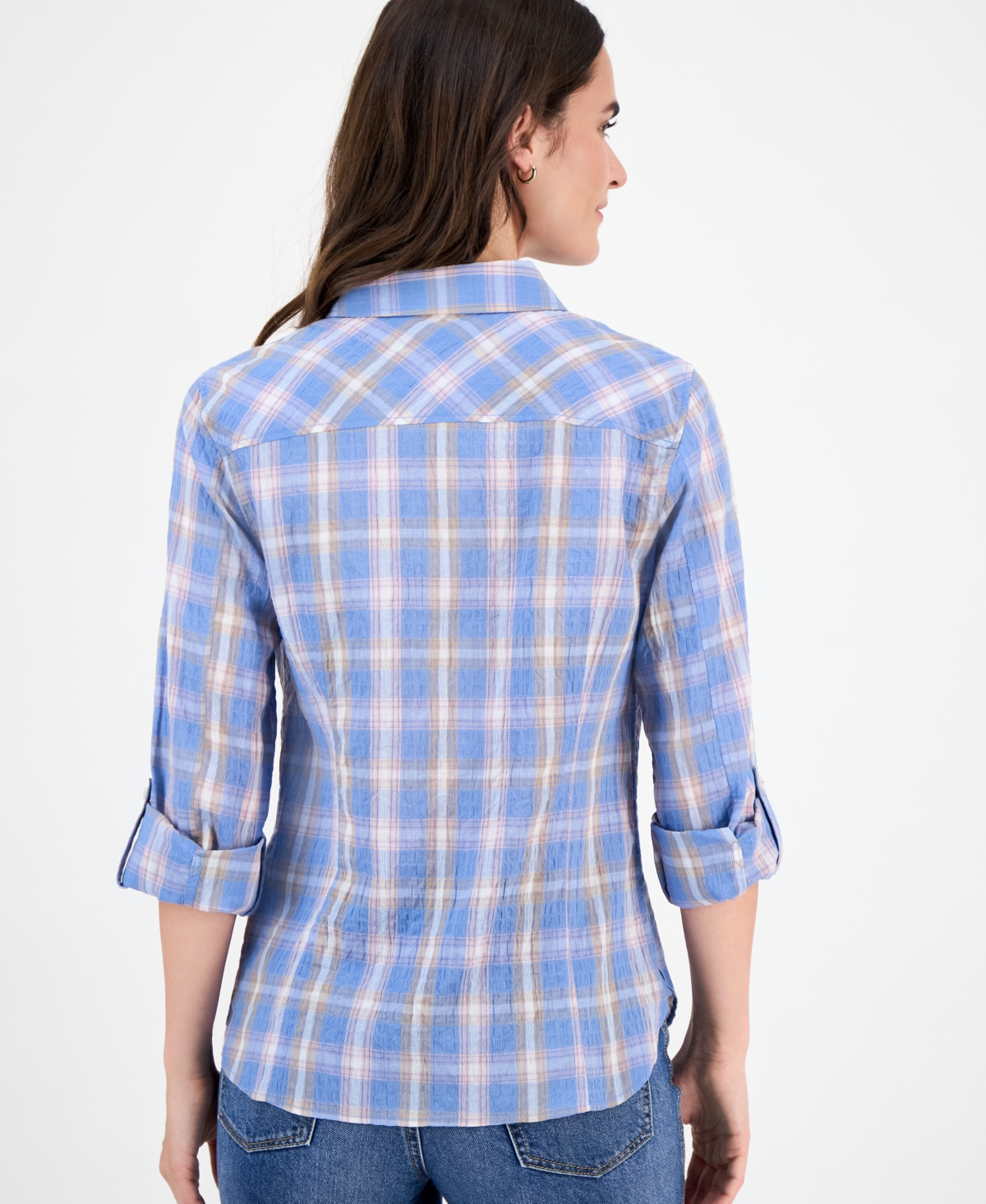 Nautica Jeans Women's Cotton Crinkle Plaid Roll-Tab Shirt