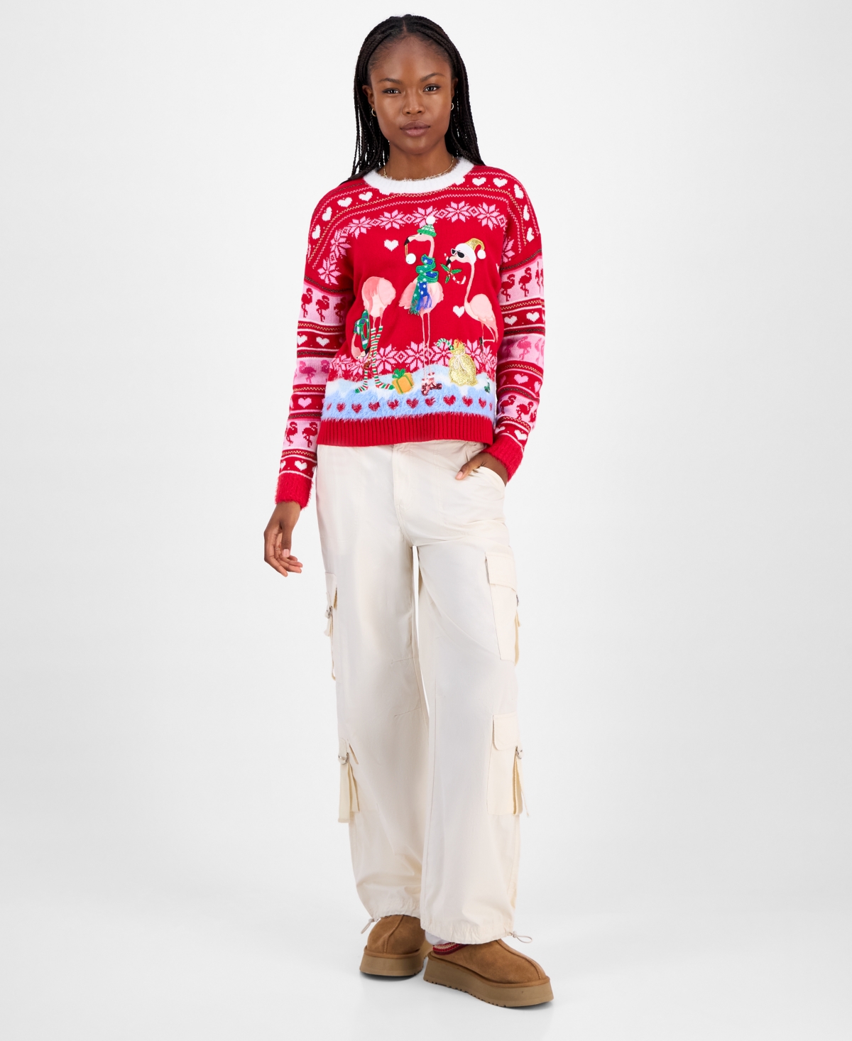 Hooked Up By Iot Juniors' Festive Flamingo Pullover Sweater In Red