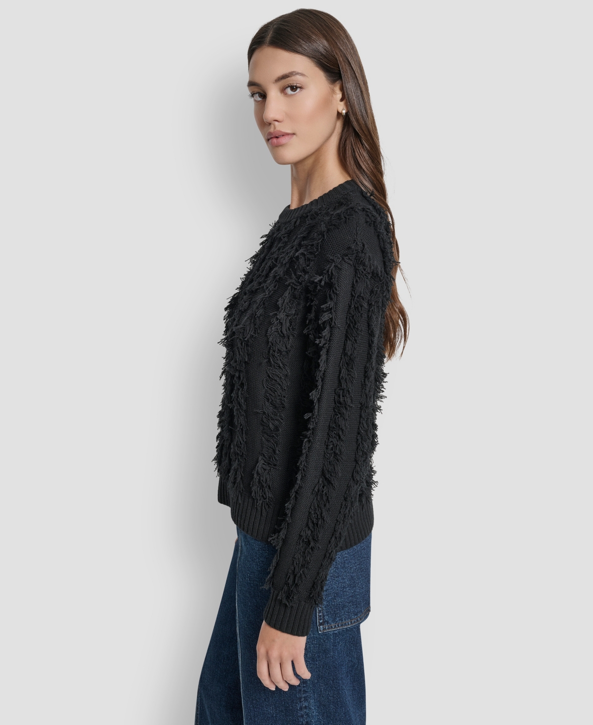 Dkny Jeans Petite Fringe Crewneck Sweater In Black