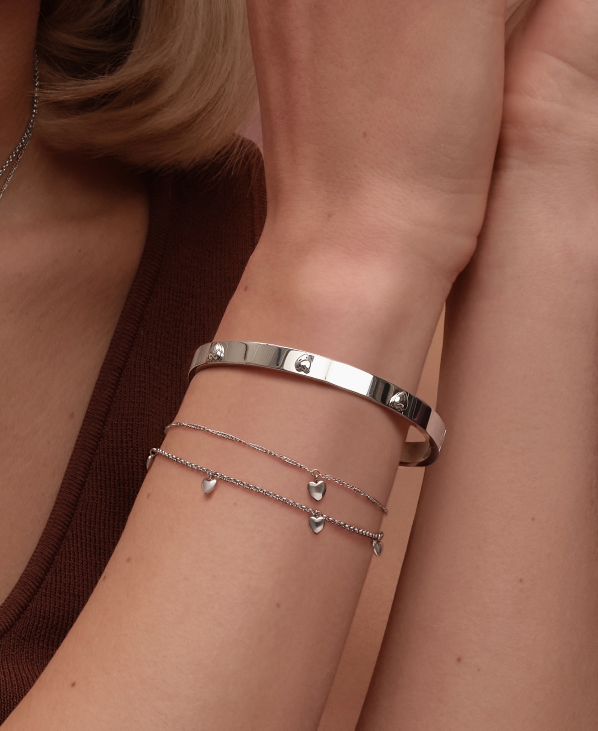 Olivia Burton Mini Heart Silver Tone Stainless Steel Bangle Bracelet