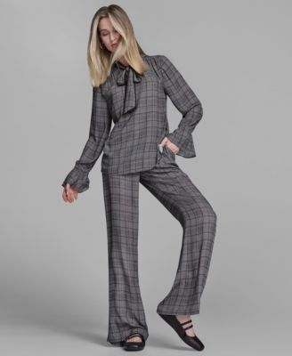 Women's Plaid Long Sleeve Tie Neck Top