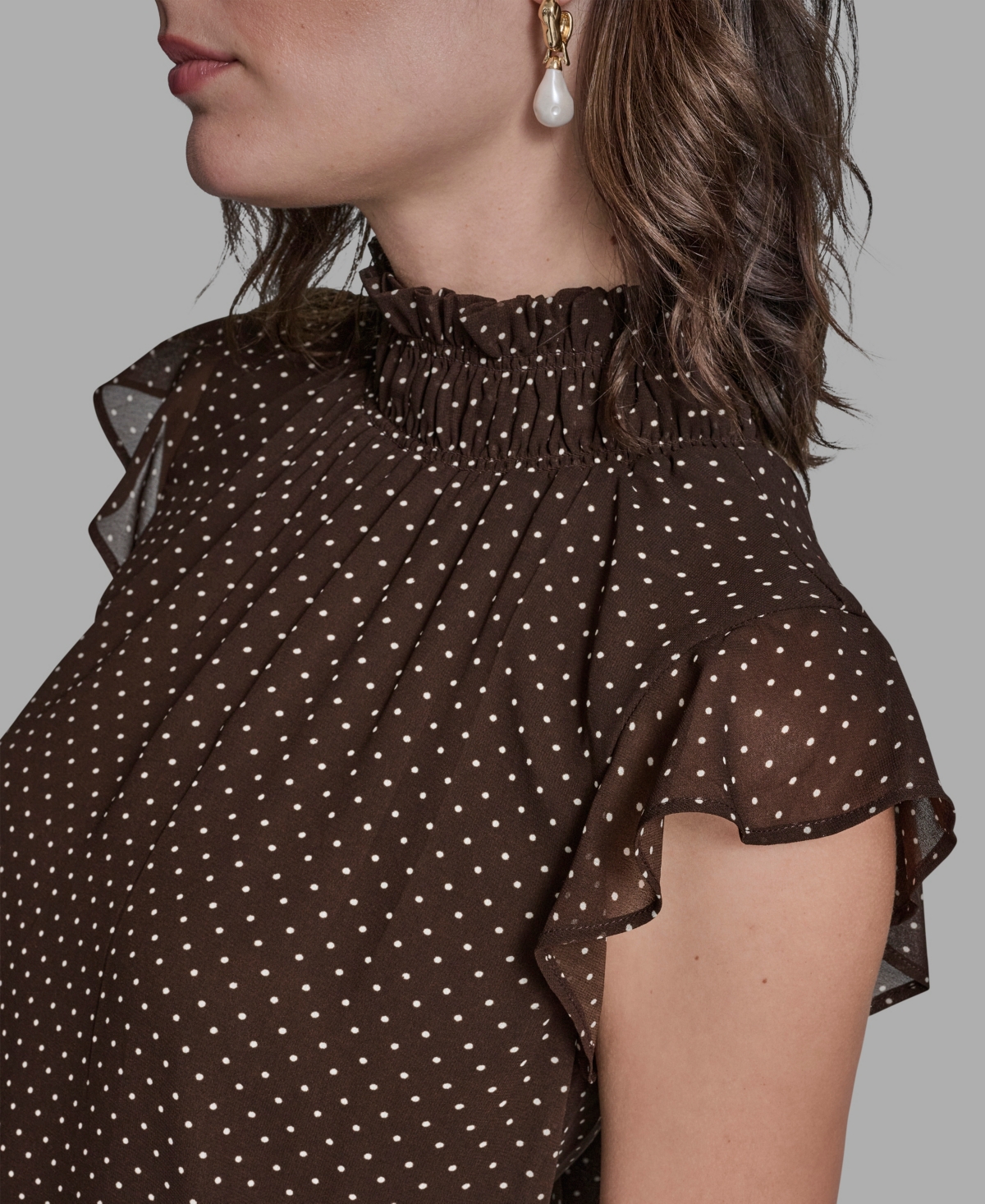 Bcbg Women's Polka Dot Mock Neck Blouse In Brown