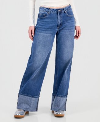 Juniors' Rhinestone-Cuff Wide-Leg Jeans