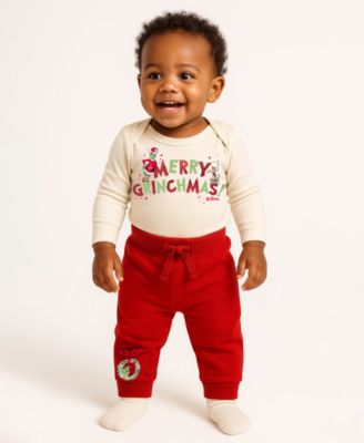 Disney - Baby Boys 2-Piece Grinch Merry Grinchmas Long Sleeve Bodysuit and Pants Set
