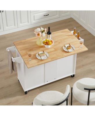 53.8" Rolling Kitchen Island with Drop Leaf, Storage Cabinet, 3 Drawers & Wood Top, Mobile Kitchen Cart on Wheels