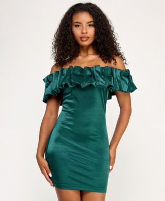 Juniors' Ruffled-Off-The-Shoulder Bodycon Shimmer Dress