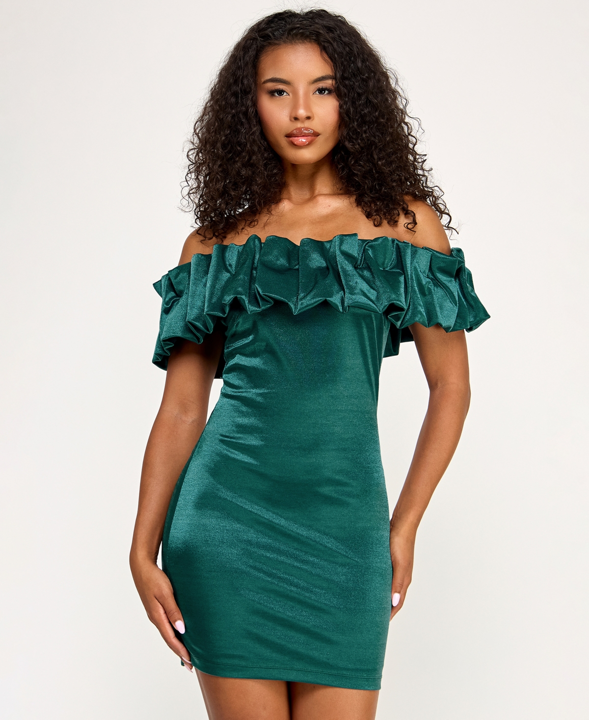 City Studios Juniors' Ruffled-off-the-shoulder Bodycon Shimmer Dress In Green
