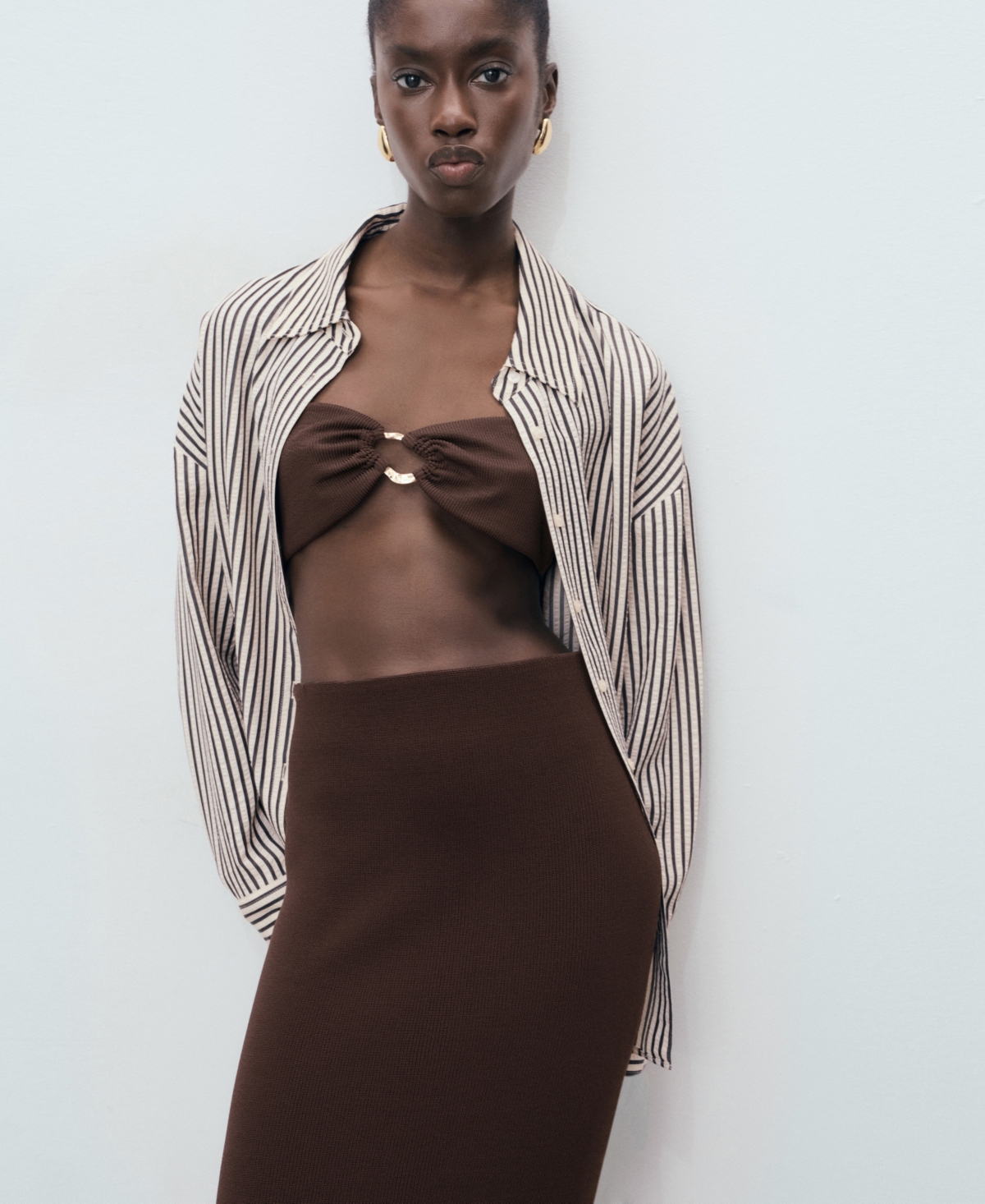 Mango Fine Knit Midi Skirt In Brown