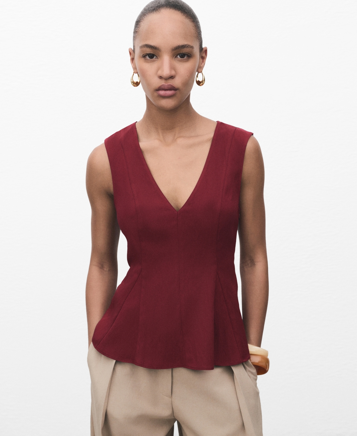 Mango Lyocell Peplum Top In Red