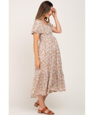 Maternity Pink Floral Smocked Puff Sleeve Midi Dress
