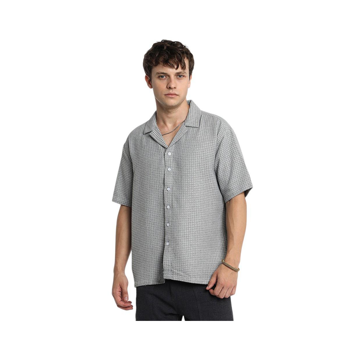 Campus Sutra Men's Moon Grey Waffle-Knit Oversized Shirt