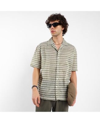 Men's Olive Green & Powder White Chevron-Striped Oversized Shirt