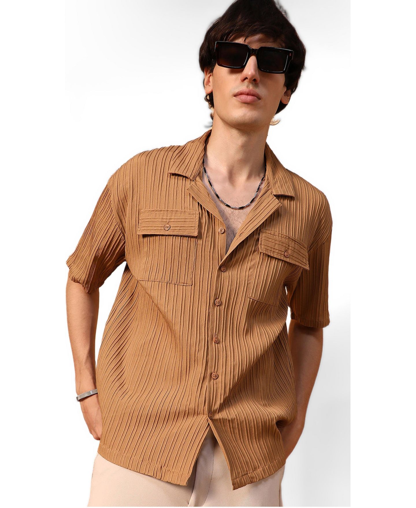 Мужская рубашка Cahoot Campus Sutra Camel Brown Tactile-Lined Oversized, цвет: Коричневый — фото 1