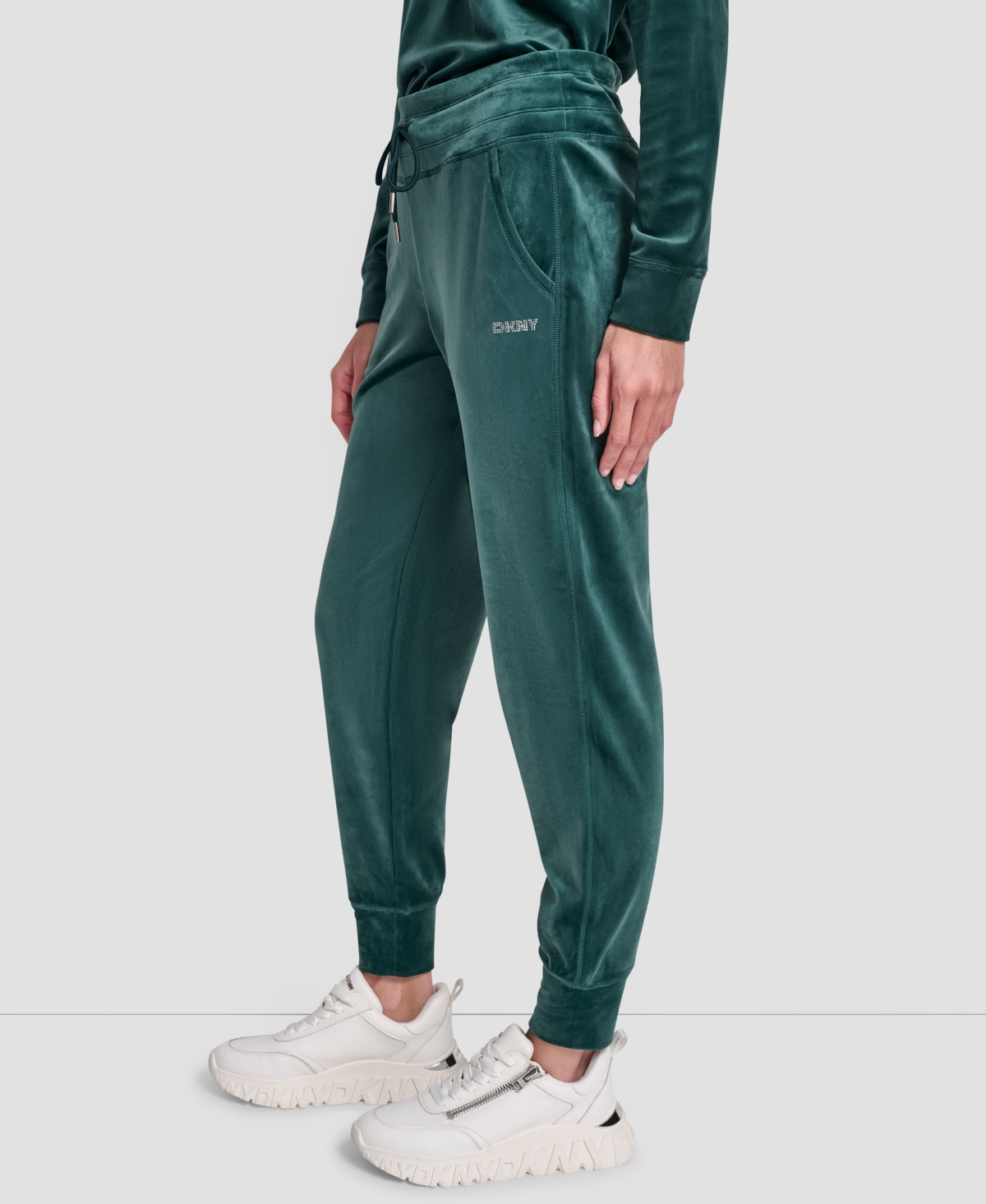 Dkny Women's Platinum Velour Rhinestone Logo Slim Fit Joggers In Green