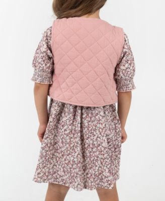 Little Girls' Floral Corduroy Dress with Quilted Vest, 2 pc