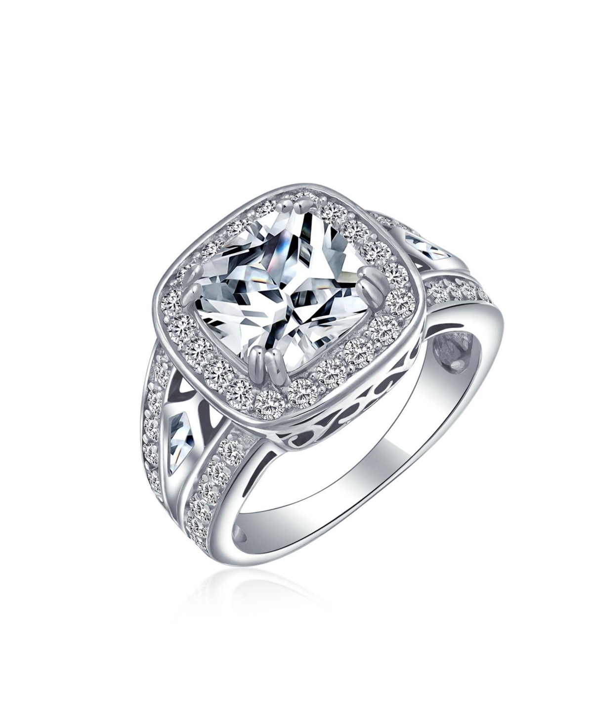 Bling Jewelry Art Deco Style 3CTW Cz Halo Cushion Cut Solitaire Promise Ring Sterling Silver Split Pave Cubic Zirconia Side Stone Filigree Band
