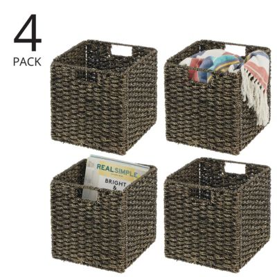 Seagrass Woven Cube Bin Basket Organizer, Handles, 4 Pack, Black Wash