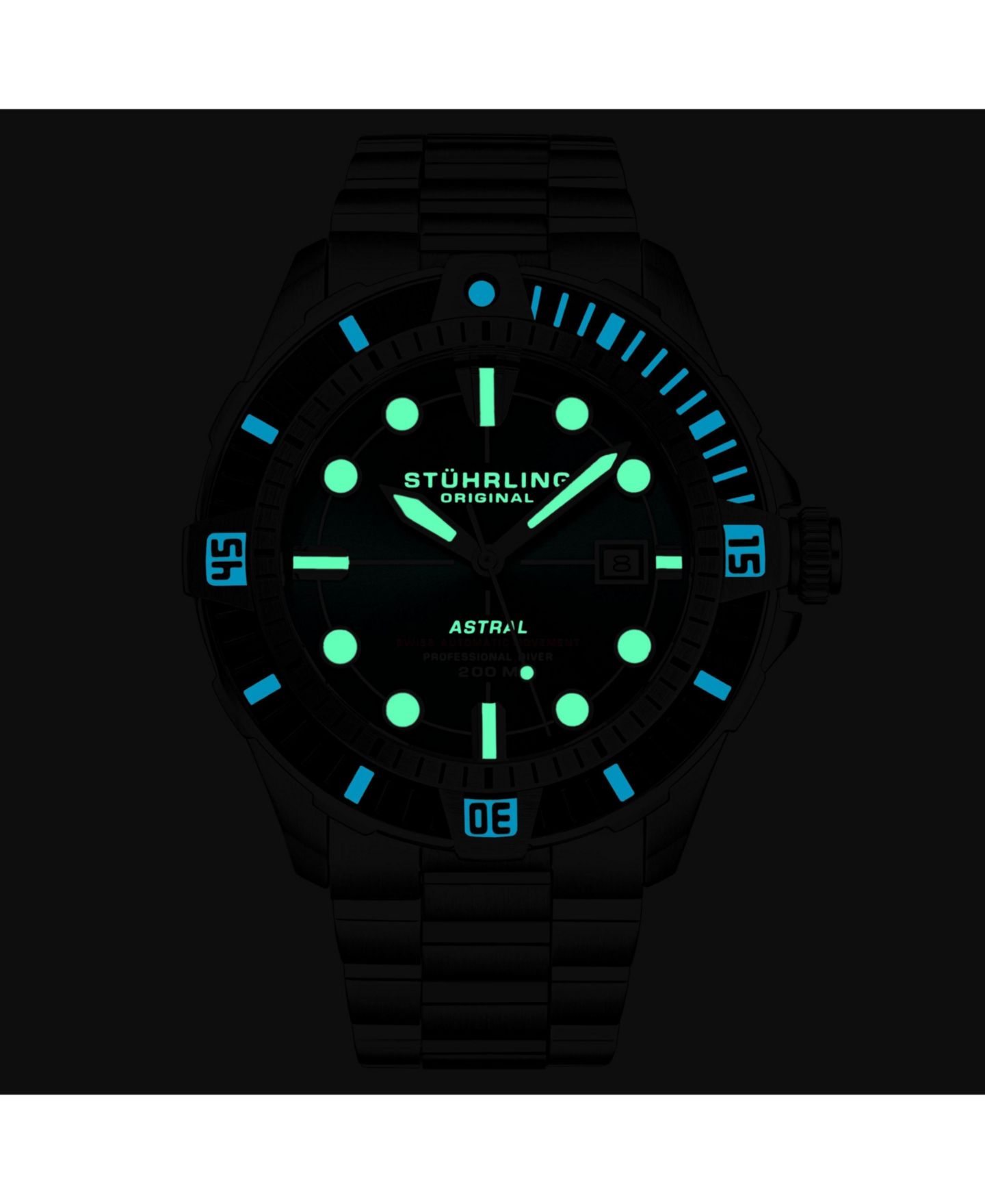 Мужские часы Stuhrling Astral Diver 44mm Swiss Automatic Watch, Teal Dial, Stainless Steel Bracelet, Rotating Bezel, 200M Water Resistant, цвет: Серебряный — фото 3