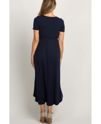 Navy Blue Solid Hi-Low Maternity Wrap Dress