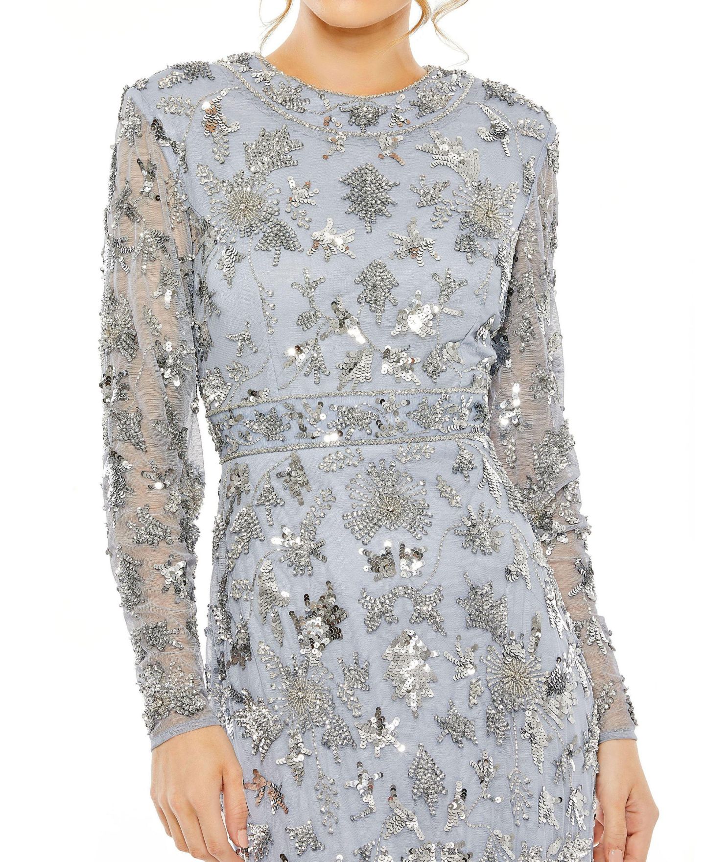 Женское платье Mac Duggal High Neck Long Sleeve Embellished Column Gown, цвет: Сланцевый синий — фото 4