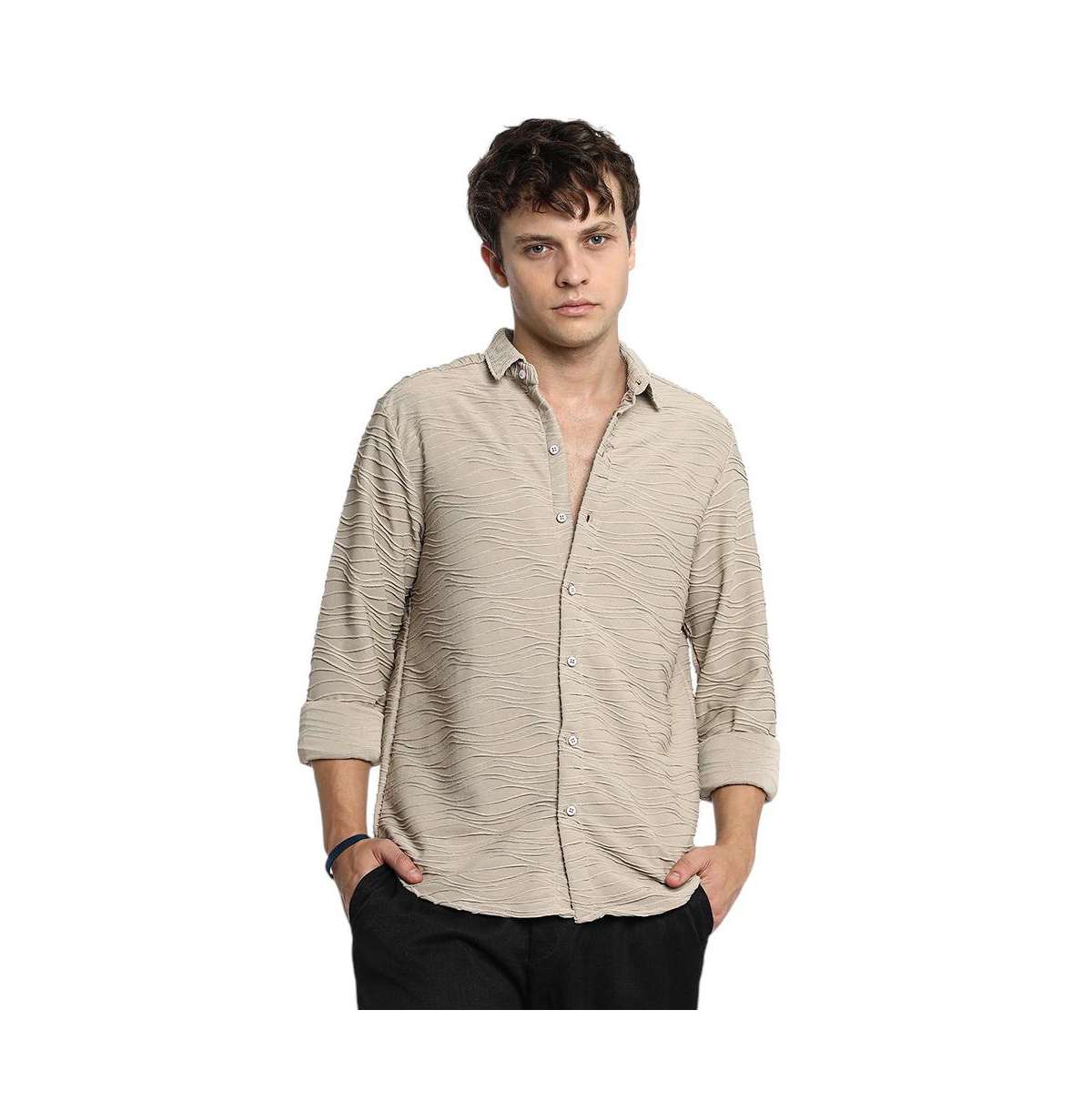 Campus Sutra Men's Cloud Grey Self-Design Wave Shirt