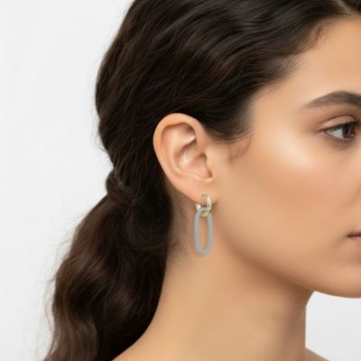 Sterling Silver Two Tone with Clear Cubic Zirconia Link Drop Earrings