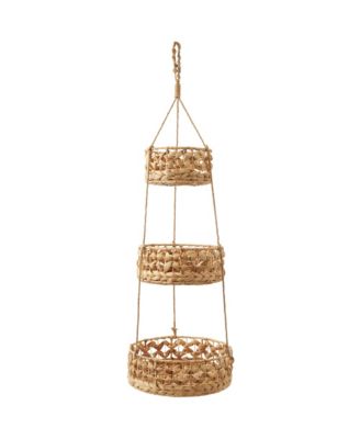 3-Tier Hanging Fruit Basket Set, Natural Water Hyacinth Storage Baskets for Produce, Herbs, Plants, Boho Kitchen Pantry Storage Organizer