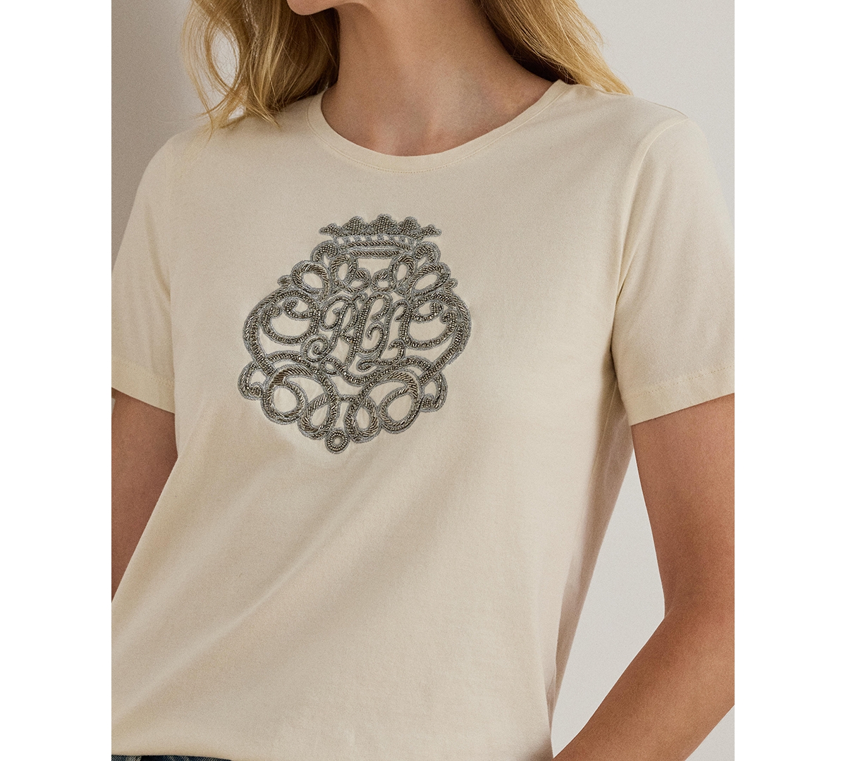 Ralph Lauren Women's Beaded-crest Jersey T-shirt In Neutral