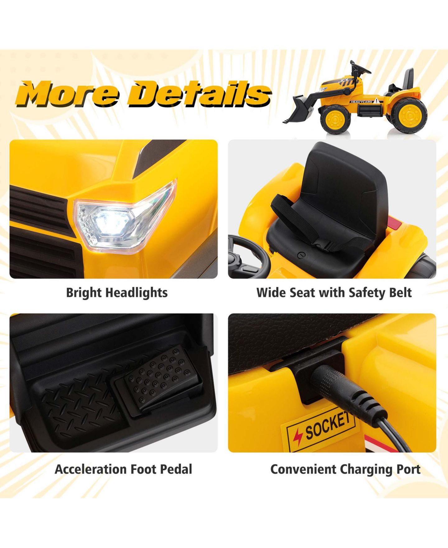 Детская игрушка Costway 12V Remote Control Electric Ride On Excavator, 66 lbs, 3–8 лет, цвет: Жёлтый — фото 9