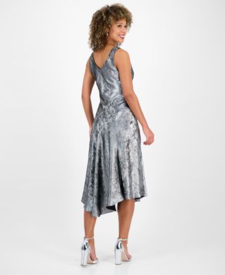 Petite Foil Asymmetric-Hem Cowl Neck Midi Dress