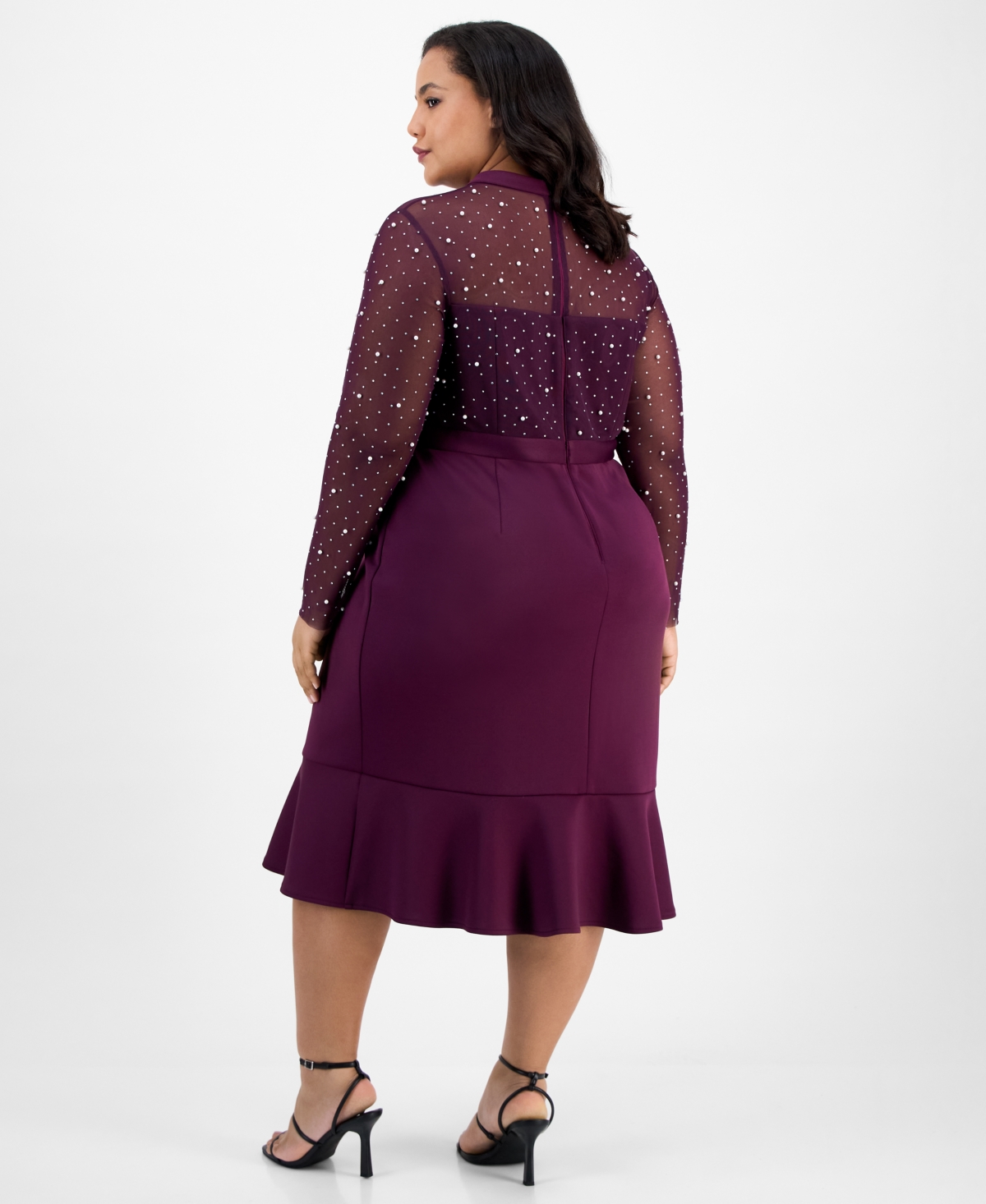 London Times Plus Faux-Pearl Ruffled-Hem Dress