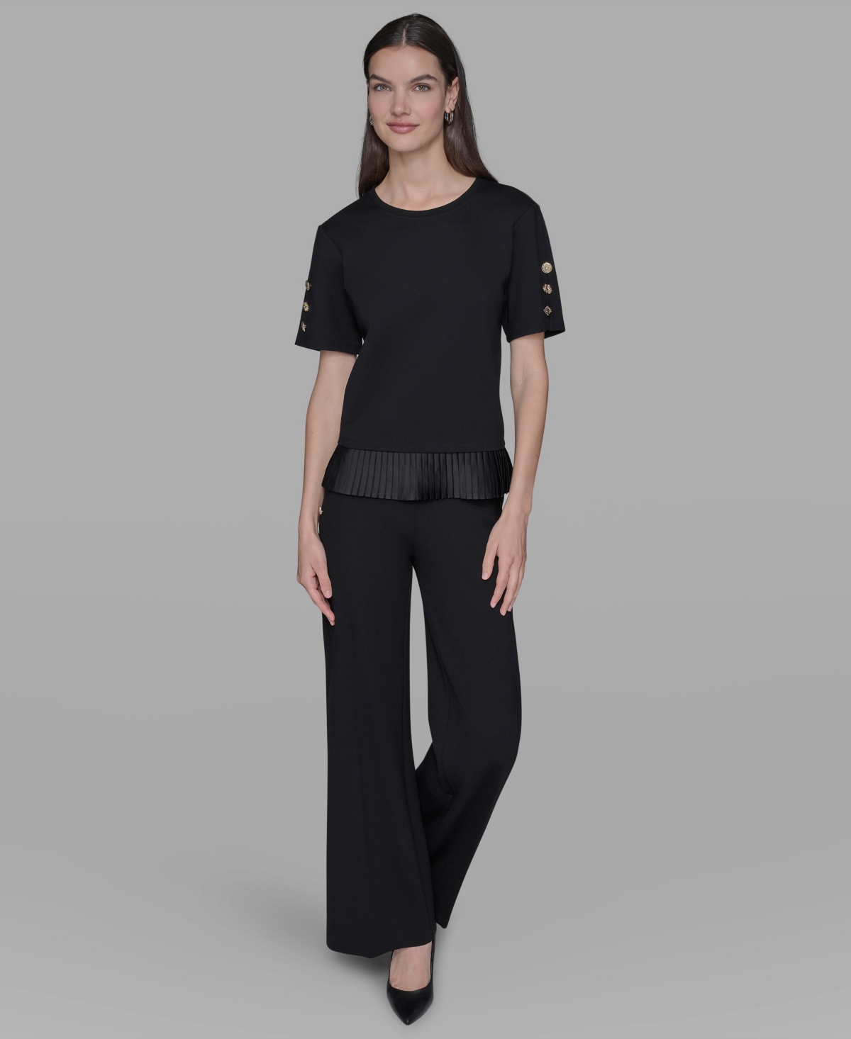 Karl Lagerfeld Women's Pleated Trim Hem Blouse In Black