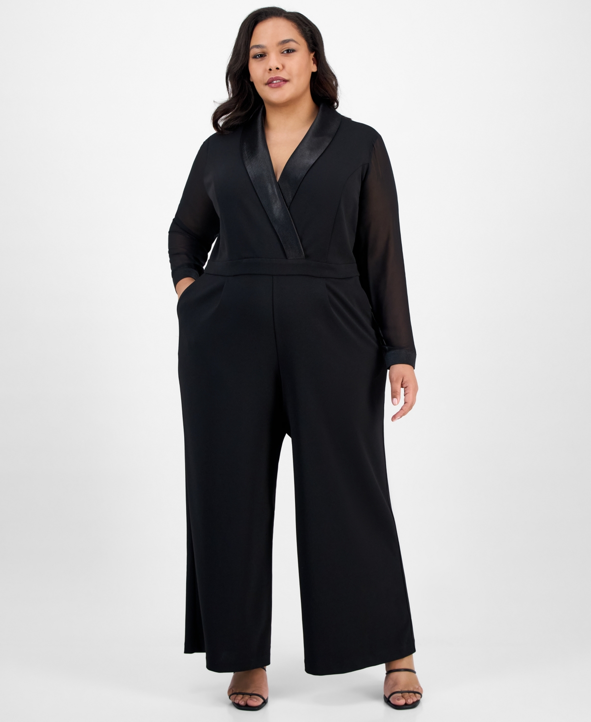London Times Plus Size Tuxedo Jumpsuit In Blue