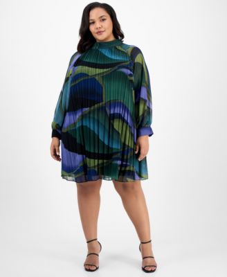 London Times - Plus Size Printed Pleated Blouson-Sleeve Shift Dress