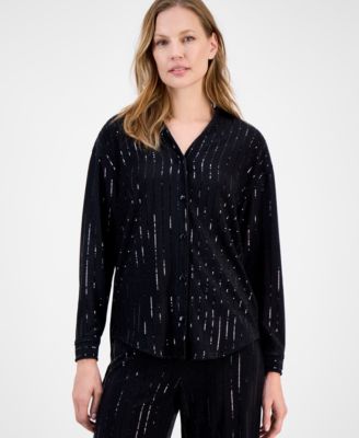 Anne Klein Womens Metallic Stripe Blouse Wide Leg Pants In Black