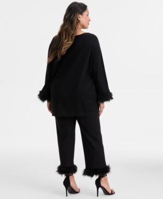 Plus Size Feather-Cuff Sweater & Pull-On Pants